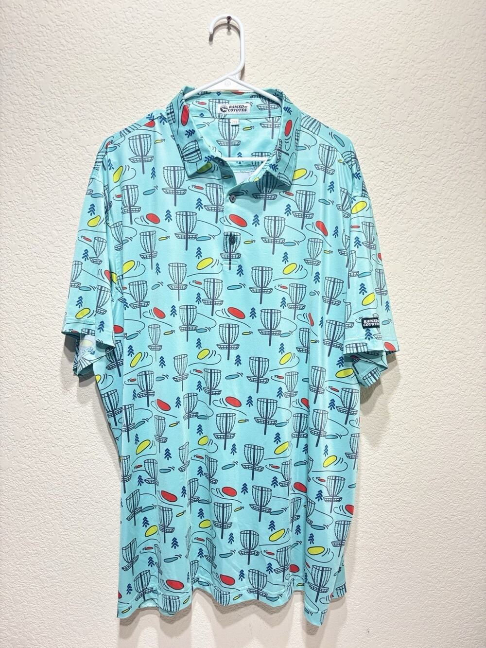 Raised By Coyotes Polo Shirt Mens XXL Frisbee Golf Print Abstract All Over EUC